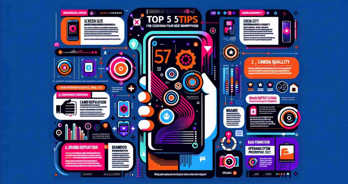 Generate an image of a high-definition infographic depicting 'Top 5 Tips for Choosing your Next Smartphone'. The infographic should include relevant icons or imagery  related to the tips, such as screen size, camera quality, brand reputation, operating system preferences, and the overall smartphone cost. The color scheme should be dynamic and eye-catching, but not overly bright. The text should be clear and easy to read.