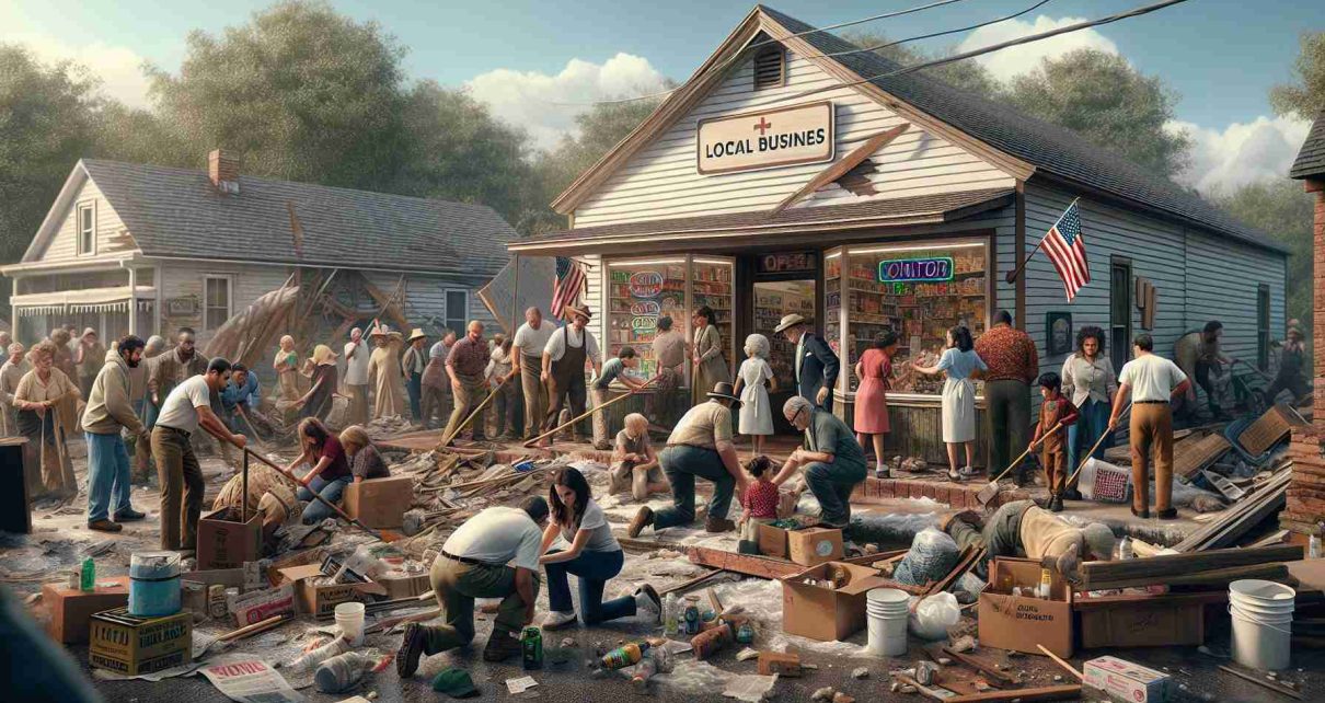 Generate an image depicting a local business encountering hardships yet overcoming them with the support of their community. The scene takes place in front of a small store, recently damaged perhaps by natural calamities. There are people from different descents like Caucasian, Hispanic, Middle-Eastern, South Asian, and Black both genders working together. Some are helping to fix the store, others are donating items, a group of children from the community are participating in the cleanup. Everyone is actively participating, their faces reflecting determination and unity. The scene is rich in realism and high-definition details.