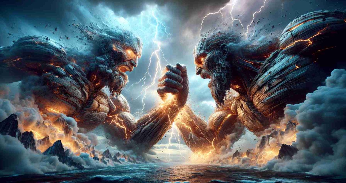 A hyper-realistic, high-definition image showcasing a clash of titanic entities. The scene unfolds on an epic scale, underscored by a dramatic backdrop of storm clouds, lightning and tumultuous seas. The titans themselves are ancient, colossal beings that dwarf the surrounding landscape, each with intricate, distinct features reflecting their immense power and age. As they collide, the raw energy of their clash shatters the air creating a dynamic, electrically-charged atmosphere.