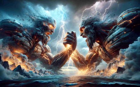 A hyper-realistic, high-definition image showcasing a clash of titanic entities. The scene unfolds on an epic scale, underscored by a dramatic backdrop of storm clouds, lightning and tumultuous seas. The titans themselves are ancient, colossal beings that dwarf the surrounding landscape, each with intricate, distinct features reflecting their immense power and age. As they collide, the raw energy of their clash shatters the air creating a dynamic, electrically-charged atmosphere.