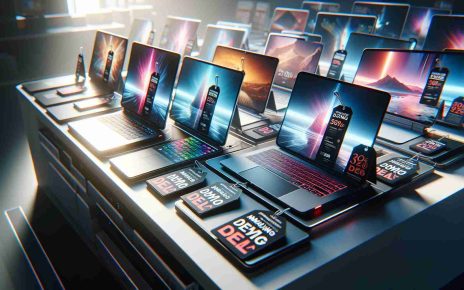 A high-definition, realistic image showing a variety of cutting-edge laptops displayed on a desk, each bearing a tag with amazing deals. The scene is lit up with soft white light and exudes the atmosphere of a contemporary electronics store. The laptops come in various models, colors, and sizes. Some of them are open showing vibrant and sharp displays, others are closed showcasing their sleek design. The tags attached to each laptop highlight its features and the attractive discount offered in bold, eye-catching fonts.