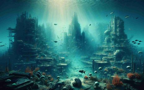 Generate a realistic HD image of a post-apocalyptic video game setting inspired by the concept of 'Fallout: Atlantis'. The scene portrays an underwater city in ruins, once futuristic, now abandoned and filled with aquatic life. Marine creatures co-exist with the derelict city structures. Debris floats around the remnants of the sunken civilization, giving a glimpse of what was once a thriving metropolis. The tone is heavy, filled with both the eerie silence of the deep sea and a mysterious hope for rediscovery and survival. The overall effect hints at what a revolution in post-apocalyptic gaming could look like.