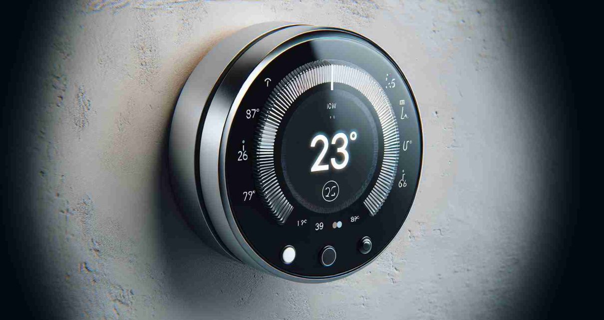 A highly detailed, realistic image of a modern, advanced thermostat update, inspired by the rapid pace of technological innovations. The thermostat is mounted on a wall, features a sleek, round design with a digital display showing temperature and other settings. It should denote an ambiance of a future-focused and energy-efficient home.