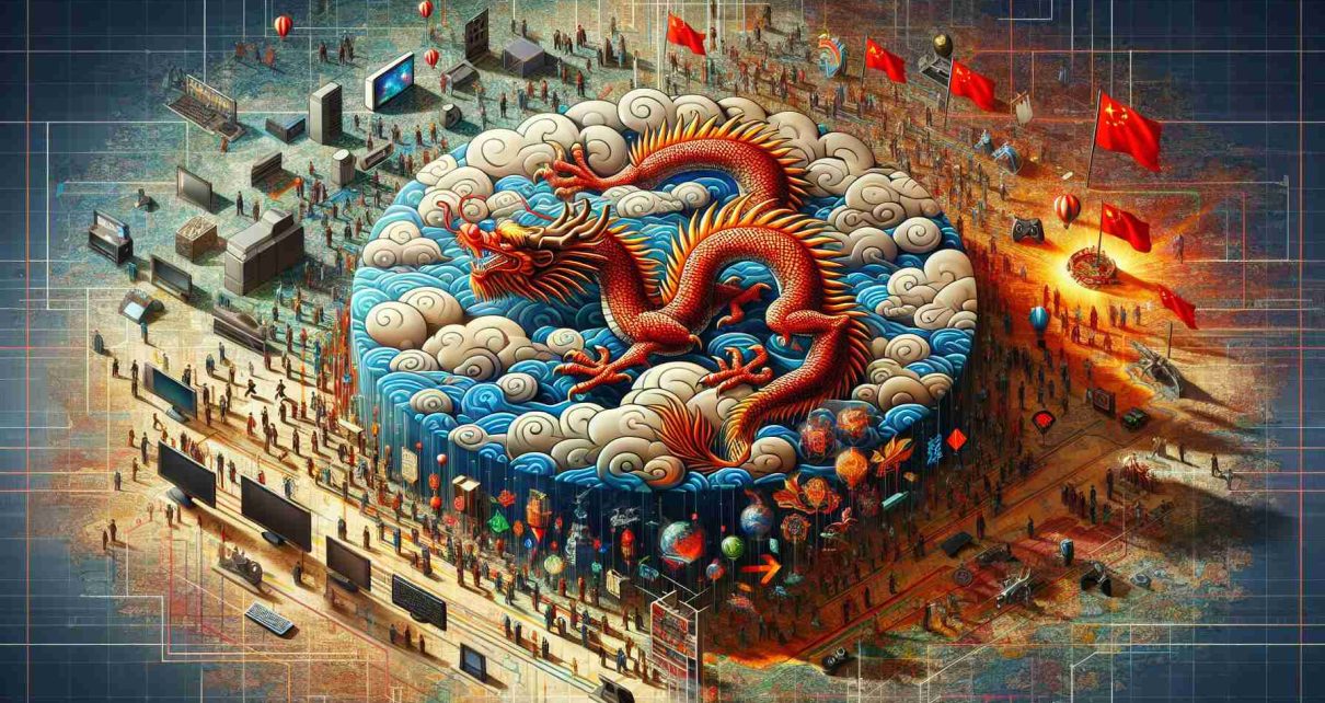 A detailed and realistic high-definition image depicting a metaphorical representation of the impact of a successful Chinese video game on the international gaming landscape. This can include symbolic elements such as a large dragon (symbolizing China) rising on a richly detailed landscape filled with icons and figures symbolizing aspects of the gaming industry like consoles, PCs, and handheld devices. The dragon would then be artistically characterized with features reflecting the game's unique aspects, such as design elements or distinctive color schemes. Show various game players around the world, of different ages, genders, and descents, being captivated by the dragon's ascent.