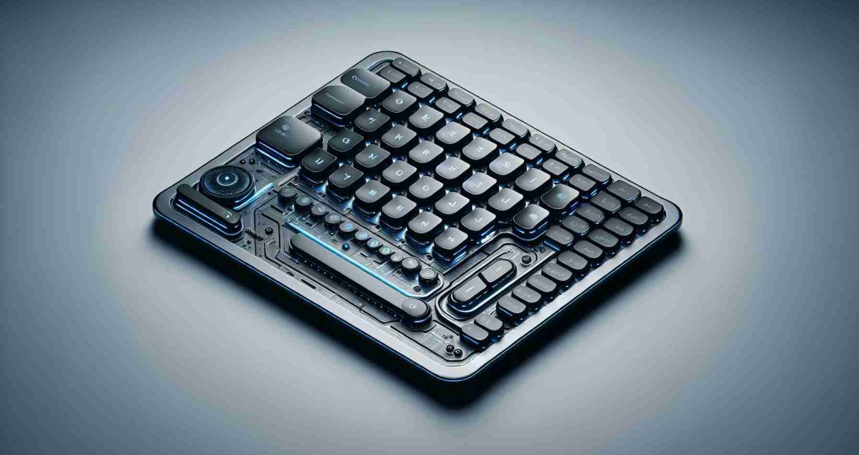 A high-detail, high-resolution image of a groundbreaking keyboard innovation attributed to a hypothetical renowned technology company. The keyboard is sleek, stylish, and futuristic, featuring smart integration and advanced technologies beyond traditional typing. It is a model of technological disruption.