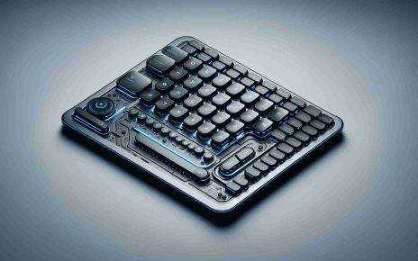 A high-detail, high-resolution image of a groundbreaking keyboard innovation attributed to a hypothetical renowned technology company. The keyboard is sleek, stylish, and futuristic, featuring smart integration and advanced technologies beyond traditional typing. It is a model of technological disruption.