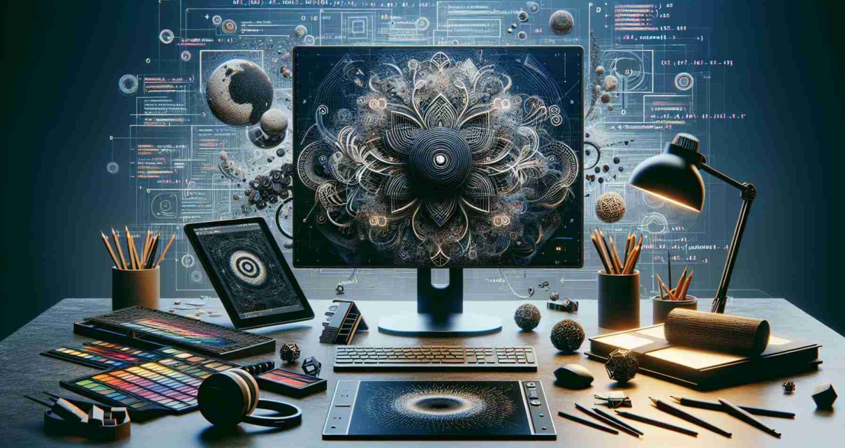 A high-definition, realistic image depicting the concept of revolutionizing visual design through cutting-edge AI technology. This might include a complex 3D graphic displayed on a modern computer monitor, surrounded by code highlighting the AI algorithms at work. The setup can be in an organized and modern desk setting with different tools used in AI technology work, such as a VR headset, drawing tablets, sophisticated graphic design software on the screen. Depicting the transformation of traditional design patterns to innovative AI-generated designs.