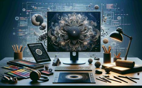 A high-definition, realistic image depicting the concept of revolutionizing visual design through cutting-edge AI technology. This might include a complex 3D graphic displayed on a modern computer monitor, surrounded by code highlighting the AI algorithms at work. The setup can be in an organized and modern desk setting with different tools used in AI technology work, such as a VR headset, drawing tablets, sophisticated graphic design software on the screen. Depicting the transformation of traditional design patterns to innovative AI-generated designs.