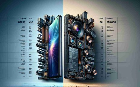 Create a realistic high-definition image displaying a comparison of the two newest smartphones , showcasing their unique features and specs. On the left, depict the TechX Pro with its sleek metallic design, large display screen and high-end camera. On the right, illustrate the Elite Xplorer, which is recognised for its rugged design, advanced battery life, and dynamic performance. Include a table in the middle that compares different features like screen size, camera quality, battery life, processing power, and operating system of the two phones.