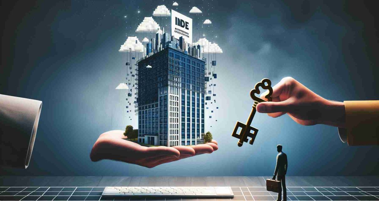 Generate a high-definition image of a large corporation acquiring a new indie game studio. The scene should depict a symbolic handing over of keys or documents, implying the acquisition of intellectual property. The corporation can be represented as a sleek, modern skyscraper, while the indie game studio is portrayed as a smaller, creatively designed building or an artsy loft. In the middle, there could be a large key or a document passing from the smaller structure to the larger one.