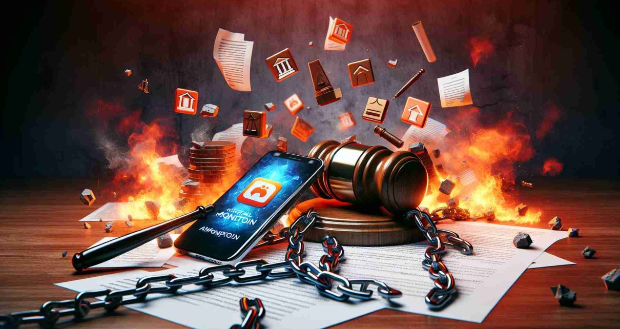 Visual depiction of a metaphorical legal battle erupting over control of a monopoly on a digital application store. Render this image in a realistic HD style, showing symbolic representations of legal documents, a gavel, a smartphone displaying an app store logo, and chains or walls suggesting monopoly. Create the atmosphere of conflict and tension, with fiery colours and dramatic shadows.