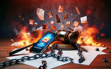 Visual depiction of a metaphorical legal battle erupting over control of a monopoly on a digital application store. Render this image in a realistic HD style, showing symbolic representations of legal documents, a gavel, a smartphone displaying an app store logo, and chains or walls suggesting monopoly. Create the atmosphere of conflict and tension, with fiery colours and dramatic shadows.