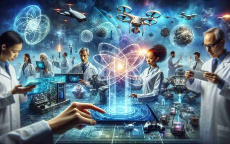 A high-definition, realistic image showcasing the concept of revolutionizing the tech landscape through cutting-edge innovations. Imagination is the hand of the mind, and so the scene buzzes with the life of technological advancement; futuristic devices utilizing AI, quantum computers in the background, drones delivering packages, with virtual reality interfaces floating in the air. In the center, scientists of diverse backgrounds; an Asian woman carefully adjusting a holographic screen, a Caucasian man surveys tech blueprints, a Black woman observing a drone, a Middle Eastern man working on a quantum computer. The atmosphere is one of fervor, progress, and unfettered creativity.