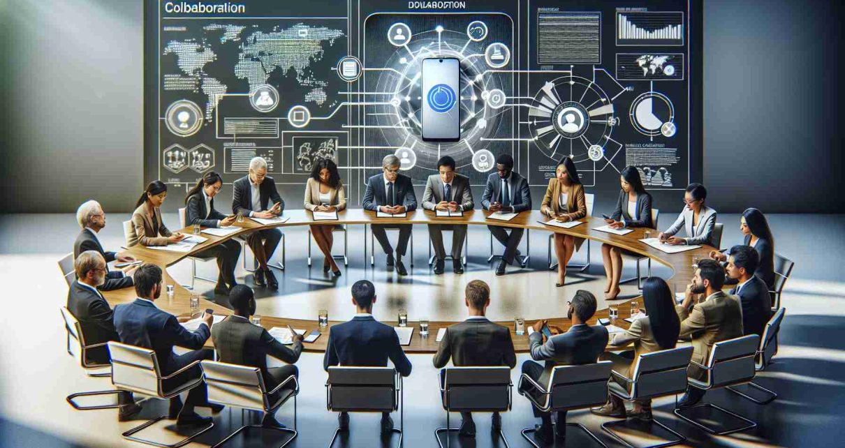 A high-definition realistic image illustrating the conceptual collaboration between a multinational technology company and a supranational union for enhancing user experience and compatibility of a mobile operating system. Depict a meeting room with diverse people sitting around a table, including men and women of different races, such as Caucasian, Black, South Asian, Hispanic, and Middle Eastern. All are focused on a smartphone placed in the middle, symbolizing the mobile operating system. There should also be a display board with diagrams and graphics, representing the process of collaboration.