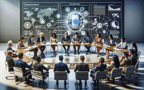 A high-definition realistic image illustrating the conceptual collaboration between a multinational technology company and a supranational union for enhancing user experience and compatibility of a mobile operating system. Depict a meeting room with diverse people sitting around a table, including men and women of different races, such as Caucasian, Black, South Asian, Hispanic, and Middle Eastern. All are focused on a smartphone placed in the middle, symbolizing the mobile operating system. There should also be a display board with diagrams and graphics, representing the process of collaboration.