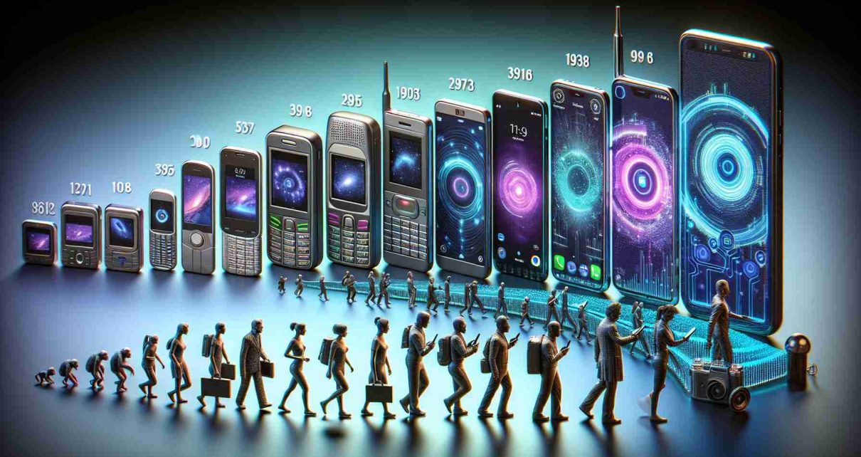 Render an illustration that showcases the fascinating evolution of smartphone preferences over the years. Start with the basic cell phone at the beginning, and gradually transition into the smartphones with full touch screen, high-end cameras, and smart features. Also, include future predictions of how smartphones might look. Make the image in a realistic HD style.