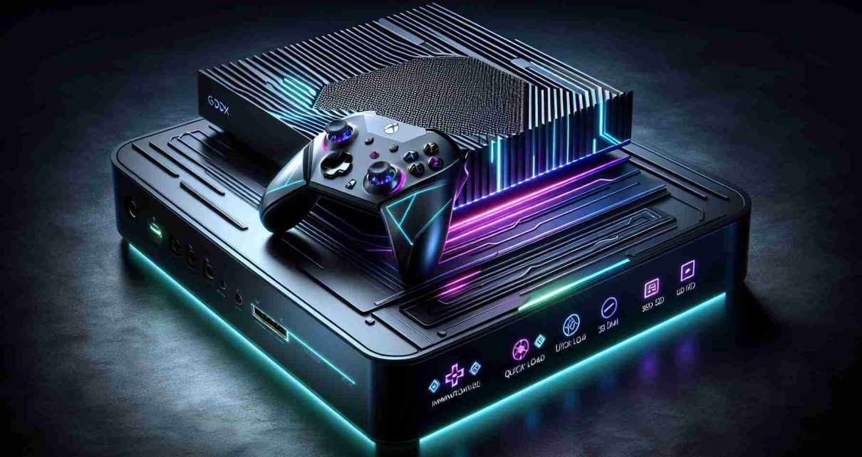 Generate a high-definition, photorealistic image of a brand new cutting-edge gaming console. The console should be sleek and elegant, showcasing its innovative features such as a futuristic controller with tactile feedback, immersive 3D audio output, quick load SSD, and ultra-high-speed HDMI output. It should also have an eye-catching LED display and visually captivating color scheme representing the next-generation technology.