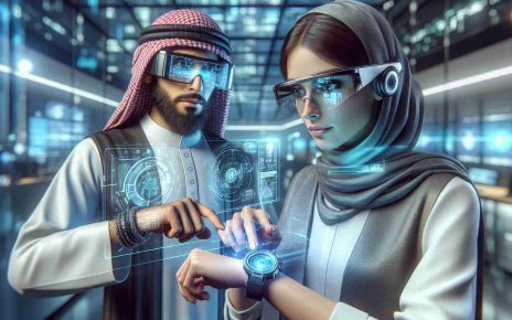 A detailed and high-definition image showcasing the concept of the future of wearable technology. Depict an individual of Middle-Eastern descent, gender unspecified, demonstrating the use of high-tech glasses with augmented reality capabilities. Additionally, capture another person, a Caucasian woman, using a futuristic smartwatch with holographic display. They are in a modern, spacious room filled with cool-toned lighting and sleek furniture, suggesting a highly advanced and technologically equipped environment. They're both engaged, interacting with their respective devices with evident amazement on their faces, symbolizing the awe and excitement that comes with technological advancements.