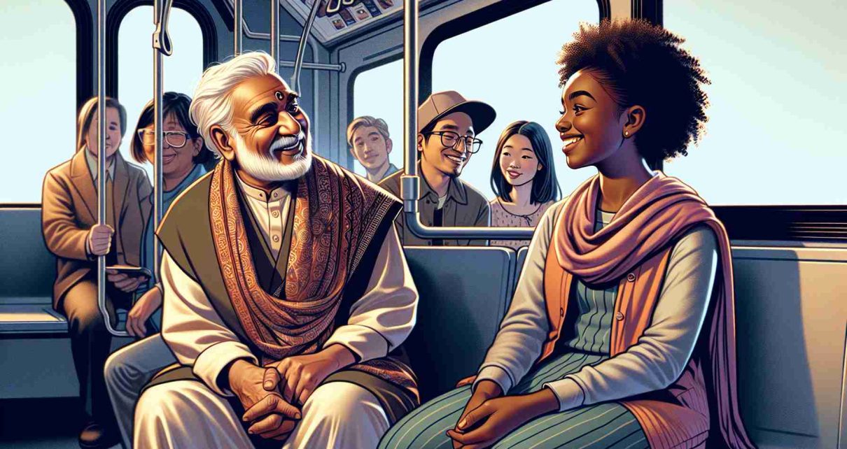 An illustrative, high definition image portraying an unlikely friendship taking place on public transit. In the center of the image, a elderly South Asian male is engaged in a friendly conversation with a young Black female. They are seen sitting next to each other. The man is wearing traditional South Asian clothing, while the young woman wears casual modern attire. The setting is a modern city bus. Their smiling faces suggest a warm, friendly conversation. Interesting passengers of varied descents and genders are subtly depicted in the background, reflecting the authenticity of diversity in a public transit scenario.