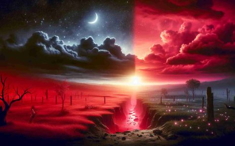 Realistically detailed high-definition image illustrating the concept of the rebirth of crimson skies, symbolizing a story of redemption. It should depict a scene revealing a once dark and gloomy sky now changing into a vibrant crimson color, signifying a shift from despair towards hope.