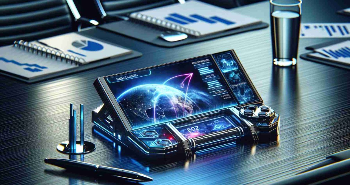 Depiction of a futuristic-looking mobile gaming console, symbolizing a prospective expansion into the mobile gaming market by a major technology company. The console should be sleek and compact, featuring high-definition graphics on its screen, and vividly showing a game that has advanced 3D graphics. The game could embody genres like sci-fi, fantasy, or adventure. Around the console, imagine glimpses of industry growth charts and global maps hinting at worldwide expansion. Ensure the setting looks professional, likely a modern corporate boardroom, with the console taking center stage on a high gloss, dark-toned conference table.