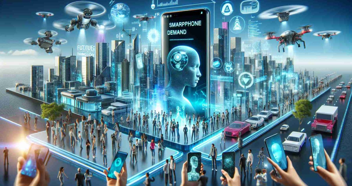 A realistic high definition depiction of the future of smartphone demand and artificial intelligence technology. Flashes of progressive technology advancements can be seen with futuristic smartphones having sleek designs, transparent screens and AI-operated features. Users of diverse descents and genders can be seen engaging with these technologies, showcasing the high demand. The background could depict a technologically advanced city, representative of the state-of-the-art innovation, with drones and autonomous vehicles in motion.