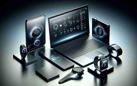 An image portraying a realistic high-definition representation of a modern technology market scene. Displayed prominently are multiple newly-released sleek and stylish devices with advanced technology, recognizable as similar to those made by a renowned tech manufacturer. The devices include a smartphone with a large, crisp display, a lightweight laptop with a seamless design, and a smartwatch with an intuitive interface, all set in an appealing arrangement. The visual elements should create a sense of excitement and eagerness typically associated with the launch of an eagerly anticipated product line.