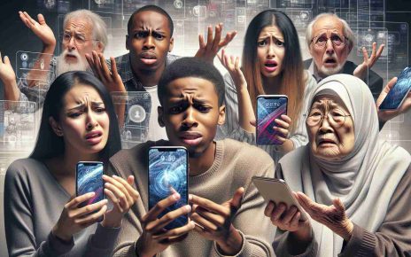 High definition, realistic image that depicts diverse individuals dealing with touchscreen glitches on their advanced, next-generation smartphones. Show a Middle-Eastern woman, a Black man, a Hispanic teenager, and an Asian elderly person expressing confusion, frustration and surprise while trying to operate their cutting-edge devices in a modern, tech-savvy environment. The beauty of this image should lie in its depiction of the challenges even advanced technology presents at times.