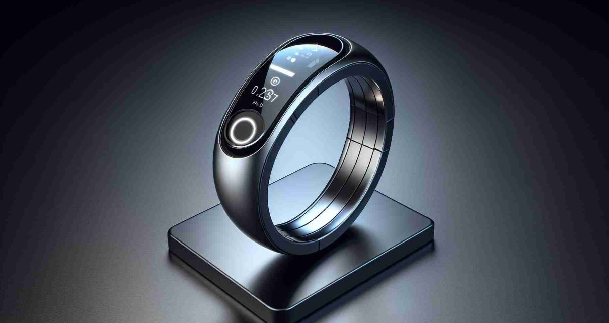 Generate a high-resolution, realistic image of a revolutionary health tracker ring. This wearable wellness technology is designed to be a game-changer in its field, with features that make tracking personal wellness easier and more efficient than ever before. The ring should appear sleek, modern, and well-crafted, indicating its high quality. It should visibly incorporate elements that suggest its advanced functionality, such as clear sensor areas, a display screen or illumination points for notifications, and perhaps a charging point. It could be displayed on a stand against a sleek, futuristic background to reflect its innovative nature.