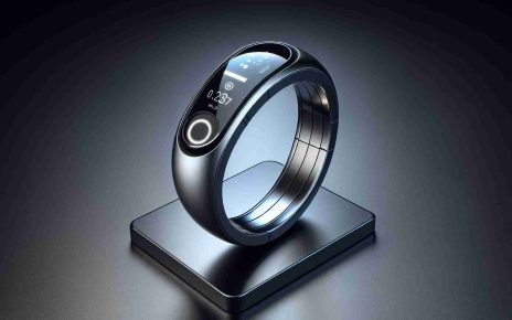 Generate a high-resolution, realistic image of a revolutionary health tracker ring. This wearable wellness technology is designed to be a game-changer in its field, with features that make tracking personal wellness easier and more efficient than ever before. The ring should appear sleek, modern, and well-crafted, indicating its high quality. It should visibly incorporate elements that suggest its advanced functionality, such as clear sensor areas, a display screen or illumination points for notifications, and perhaps a charging point. It could be displayed on a stand against a sleek, futuristic background to reflect its innovative nature.