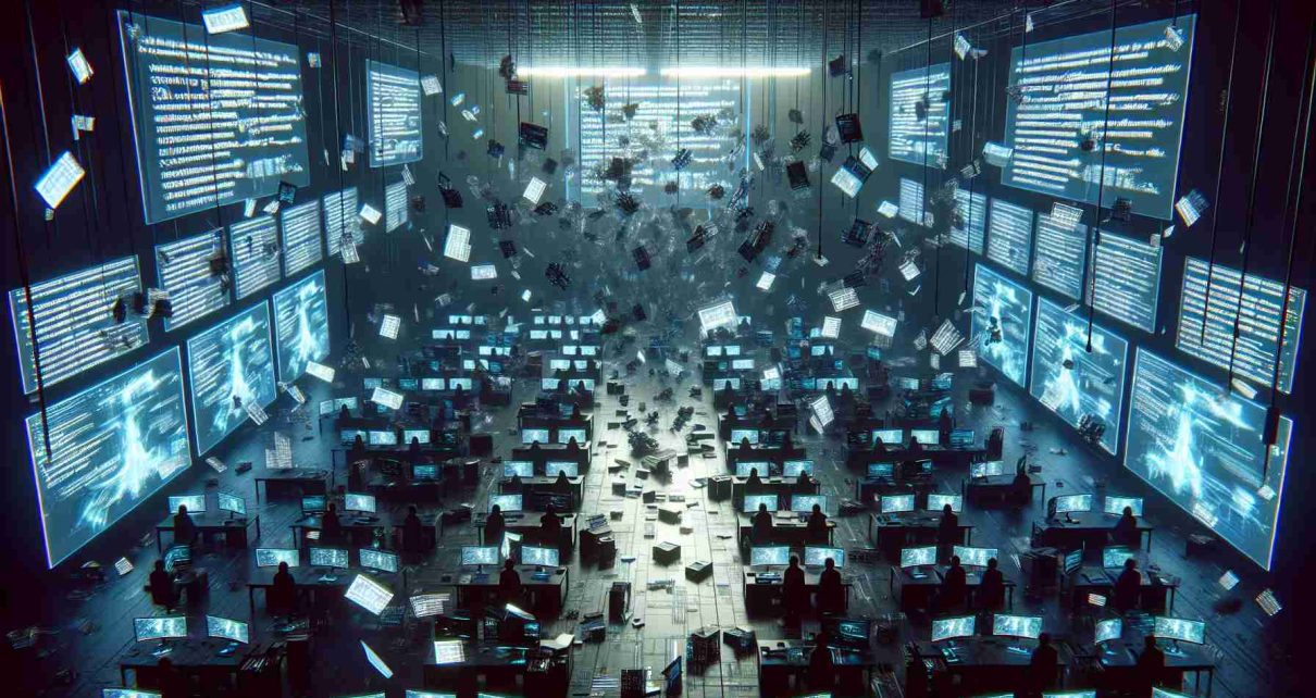 Create a realistic digital artwork that represents an unprecedented data breach in the gaming industry. The main imagery could depict scattered pieces of disrupted digital codes filling the air, with computer screens displaying alarming error messages in the background. The screens could be suspended in a large, darkened room reminiscent of a high-tech gaming studio. In the foreground, uneasy figures could be trying to contain the damage, under the illuminated glow of the screens. Keep all elements abstract as we do not want to imply any real-world events or companies.