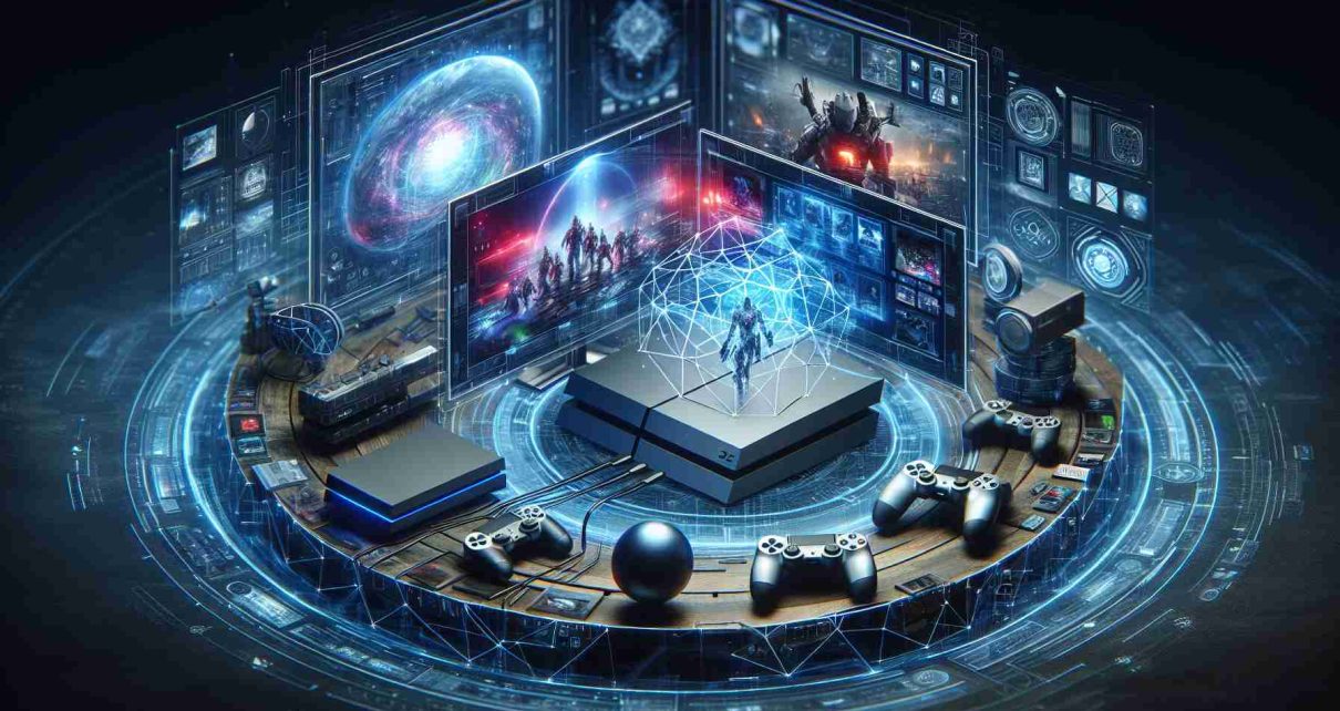 A high-definition, photo-realistic image depicting the revolutionary advancements in gaming technology. This should include the visual representation of latest gaming consoles along with highly graphics-intensive gaming scenes on large high-resolution monitors. Subtle cues of cutting-edge technologies such as virtual reality headsets, hologram projections, and AI-powered gaming bots might be included to highlight the transformative impact on the gaming landscape.