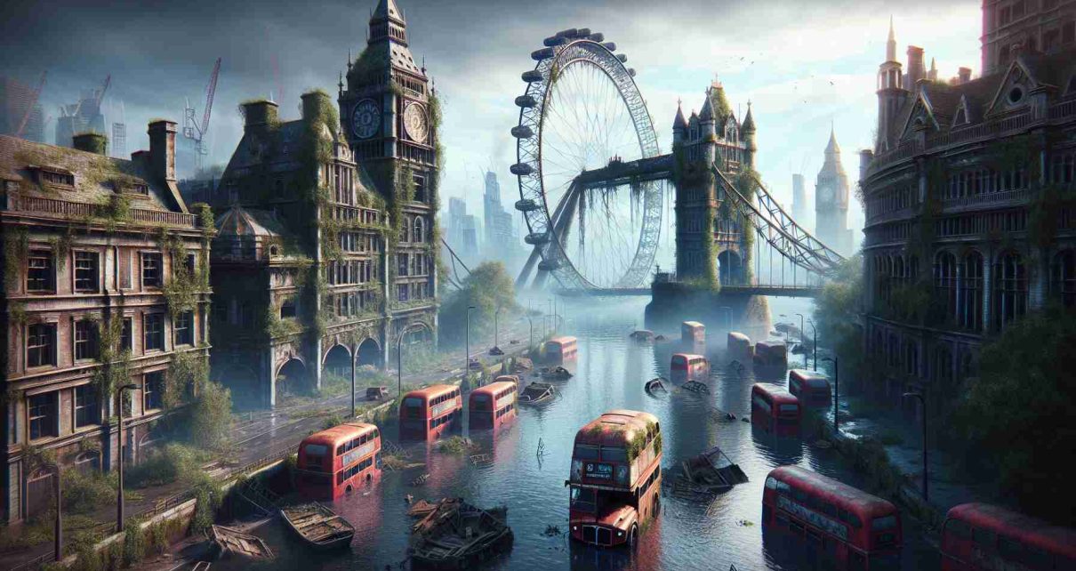 High definition realistic illustration of a post-apocalyptic London cityscape, conveyed as if it were a scene from a unique and immersive interactive game experience. Picture the Tower Bridge, half submerged in water, rusted and eerily silent. Iconic red double-decker buses are abandoned on the moss-covered streets. Ivy climbs the remnants of the London Eye, now resembling more of a sundial than a ferris wheel. In the distance, the silhouette of the Big Ben covered in overgrown foliage under an overcast sky, sets a melancholic atmosphere.