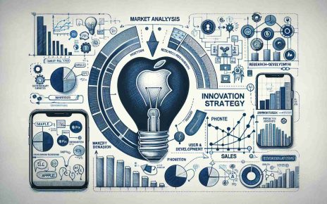 Illustrate a detailed and high-definition concept diagram representing the innovation strategy of a major hypothetical tech company, symbolically represented with an apple. Include key factors such as market analysis, research and development, and user-centric design. Alongside it, visualize a progressive bar or line graph showing the sales performance of a fictitious next-generation smartphone symbolically represented as 'Phone 16', with sales figures rising over a series of months.