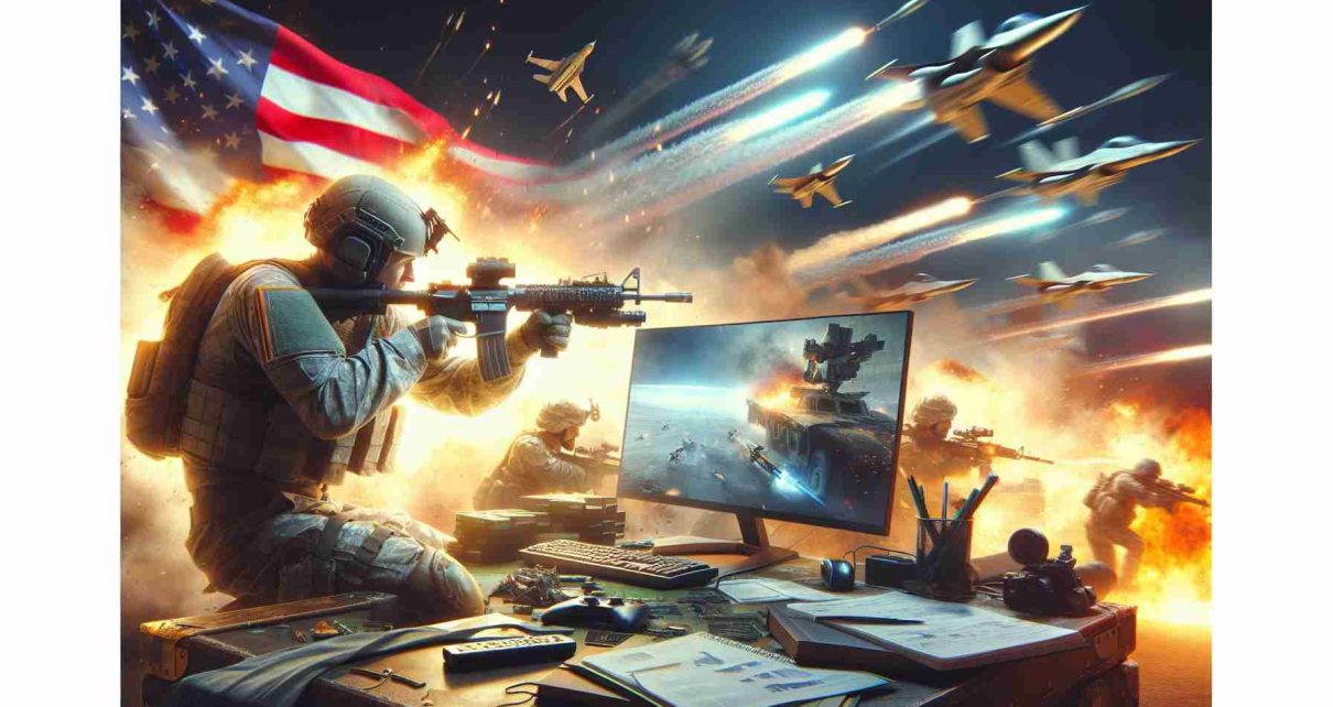 A high-definition, realistic image capturing the excitement and thrill of launching a new work of military strategy video game. The image should include highlights of updated features such as improved graphics, new maps, advanced weaponry, and innovative gameplay strategies. Please note, this image should not depict any specific game, but capture the general idea of a new game launch.