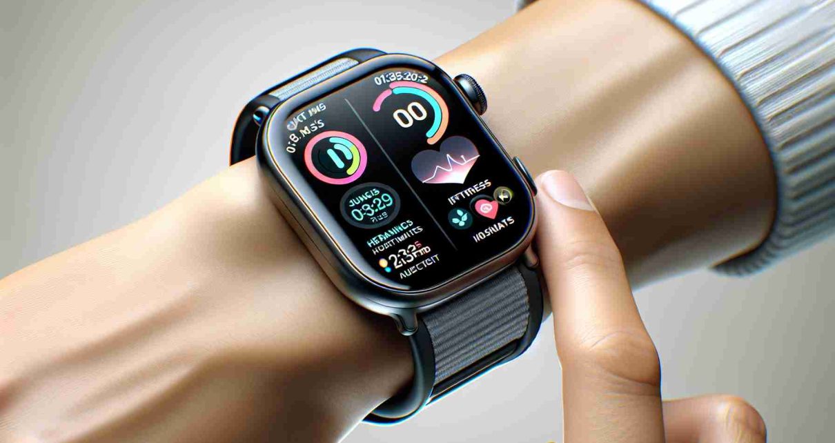 Generate a detailed image of the latest smartwatch update showcasing exciting new features. Depict the smartwatch with a modern design and sleek appearance on a wrist. Show a clear, hi-resolution interface display highlighting new features like advanced health metrics tracker, improved fitness app, digital assistant, and a virtual map. The background should be neutral to keep the focus on the smartwatch and its features.