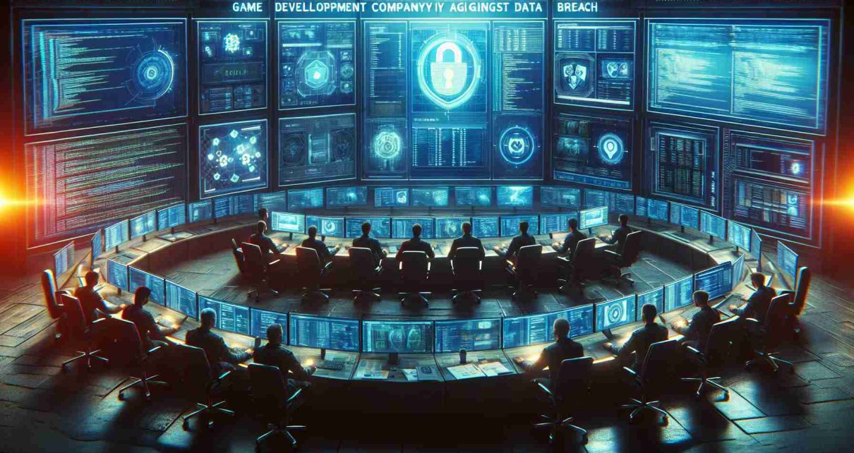 Generate an image of a high-definition, realistic scene depicting a game development company taking firm measures against a data breach. Picture a command centre with multiple screens displaying code, cybersecurity professionals checking data, firewalls strengthening, and a sense of urgency and determination to combat the situation.