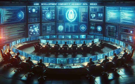 Generate an image of a high-definition, realistic scene depicting a game development company taking firm measures against a data breach. Picture a command centre with multiple screens displaying code, cybersecurity professionals checking data, firewalls strengthening, and a sense of urgency and determination to combat the situation.