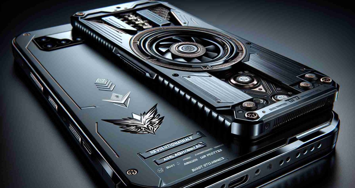 A realistic, high-definition image of a cutting-edge smartphone, designed with a focus on esports and mobile gaming. Its design features a robust, futuristic aesthetic coupled with a boldly innovative spirit, reflecting the product's promise of 'revolutionary advances'. The device should bear the emblem of a sub-brand renowned for creating top-tier gaming devices - a logo depicting the intricate pattern of a futuristic gear mechanism. The smartphone reveals its cutting-edge credentials through a detailed display of boost controls, air triggers, and superior cooling tech. Please do not include any exact brand names or specific identifiers.