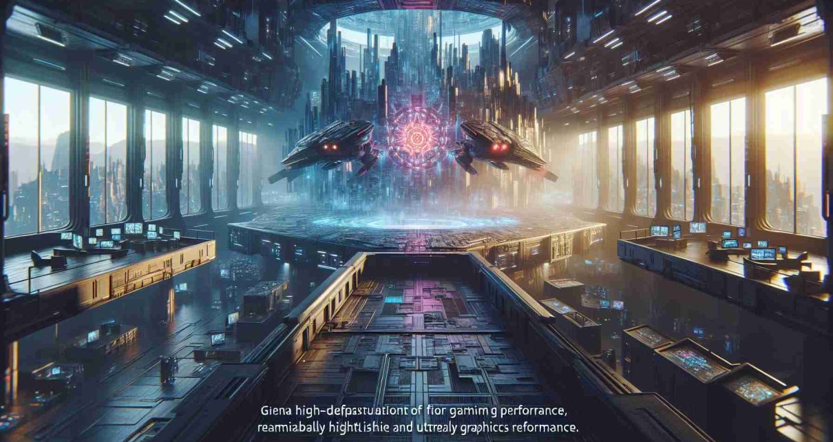 Generate an image illustrating an advanced future of gaming, with a focus on enhanced graphics performance. Show a high-definition representation of a game scene boasting remarkably high-resolution textures, lifelike lighting and shadows, and ultra-realistic environmental details. This gaming future narrative should capture cutting-edge technologies transforming gaming visuals, like high-end Deformable physics, real-time Ray Tracing, or advanced volumetric lighting. Note: Do not incorporate any identifiable people or copyrighted characters.