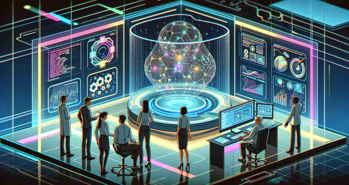 Illustration of a conceptual scene related to advanced AI technology. The focus is on an abstract digital model, symbolized by on-screen code or a 3D holographic model. Furthermore, the environment suggests a technologically advanced workspace, possibly decorated with multicolored LED lights, transparent touch screen displays, and ergonomically designed furniture. Attending to this model is a diverse team of AI experts - an Asian male science researcher, a middle-eastern female programming expert, an elderly Caucasian man with a background in AI ethics, and a young Black woman who is a data analyst - all looking fascinated and discussing its potential implications for enhanced decision making.