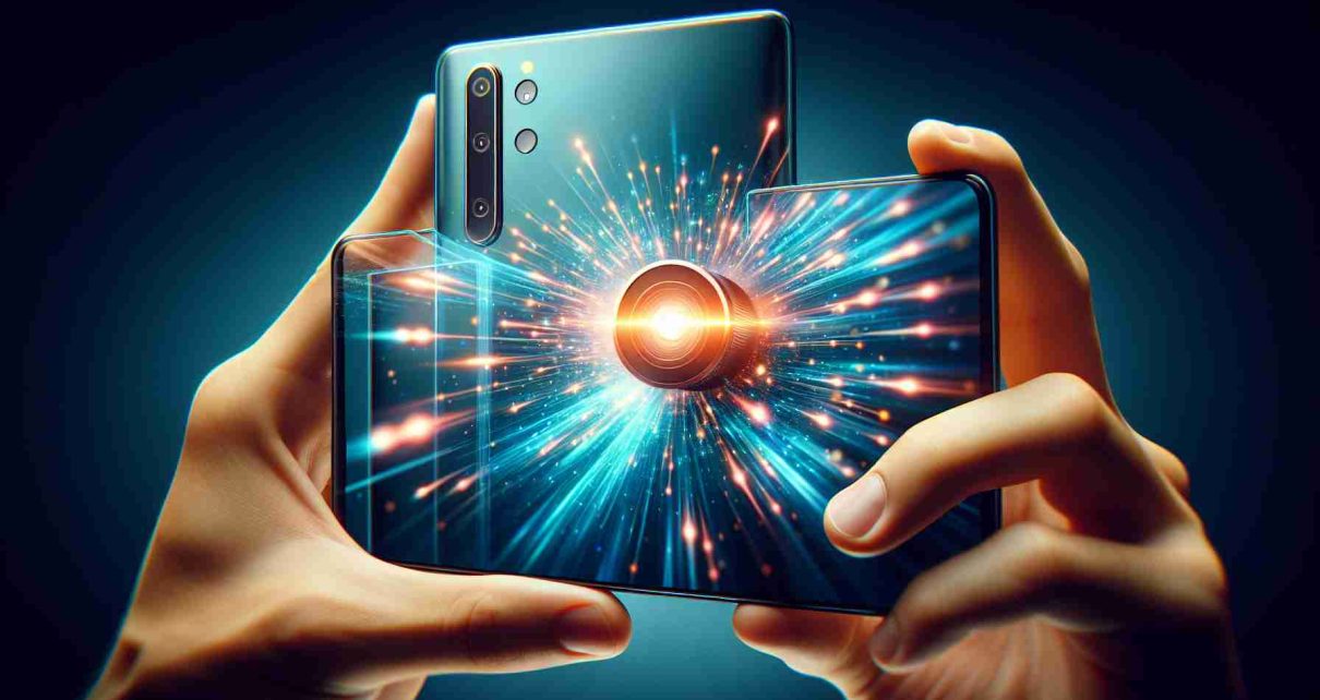 Generate a realistic HD image of an innovative smartphone being unveiled. This gadget boasts of cutting-edge camera technology, which is being highlighted as a revolutionary feature. Although it's not a specific model, it has a close resemblance to a contemporary phone design, capturing a sense of excitement and novelty typical of tech launch events.