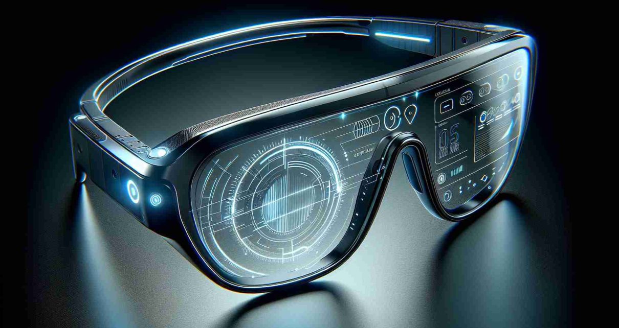 Generate a realistic high-definition image of a pair of futuristic smart eyewear. The glasses should reflect innovative technology, showcasing features such as integrated screens within the lenses, sleek design, and advanced capabilities. Perhaps visible light could be emanating from the lens, implying the active state of the device, and technological symbols or lines could be appearing on the spectacle's surface, representing the high-tech features. Let the glasses be placed on a modern, minimalist table to emphasize their revolutionary aspect. Please refrain from using brand logos or specific product references to maintain neutrality.