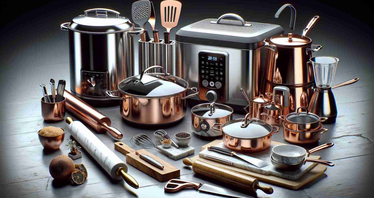 Generate a highly detailed, realistic image representing a collection of high-end, discount-priced kitchen appliances and tools. The scene should be carefully arranged with items likely to appeal to ardently passionate cooks. Items may include a shiny stainless steel chef's knife, a set of copper pots and pans, a programmable multi-cooker, a marble rolling pin, and a high-powered blender. All should be displayed in an elegant and stylish kitchen setting, suggesting a sophisticated atmosphere perfect for those who truly love preparing gourmet meals.