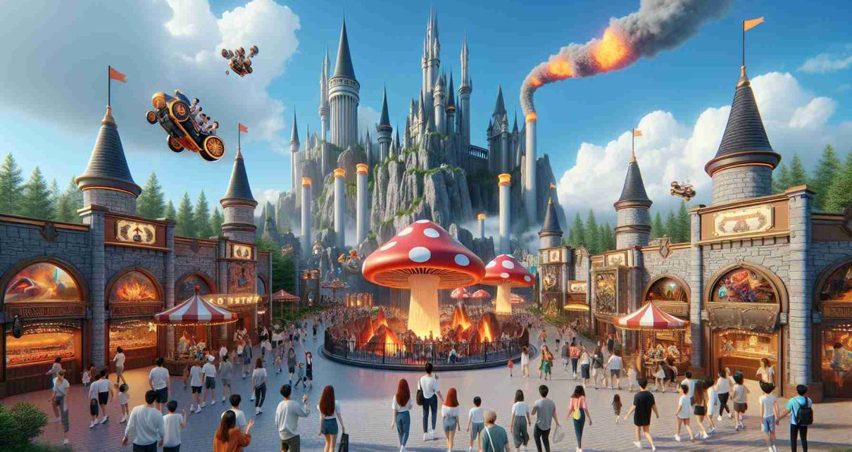 Render a high-definition, realistic image of a theme park expansion inspired by classic video games. Picture elaborately designed attractions, rides and stalls that reflect various game contexts, including a fantastical mushroom kingdom and a fiery lava world. Include excited visitors of various ages, races, and gender enjoying the rides and attractions. In the background, show a gigantic castle towering above its surroundings. Additionally, put a visible blue sky with fluffy white clouds as a backdrop.