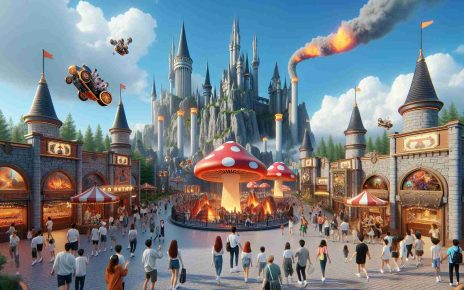 Render a high-definition, realistic image of a theme park expansion inspired by classic video games. Picture elaborately designed attractions, rides and stalls that reflect various game contexts, including a fantastical mushroom kingdom and a fiery lava world. Include excited visitors of various ages, races, and gender enjoying the rides and attractions. In the background, show a gigantic castle towering above its surroundings. Additionally, put a visible blue sky with fluffy white clouds as a backdrop.