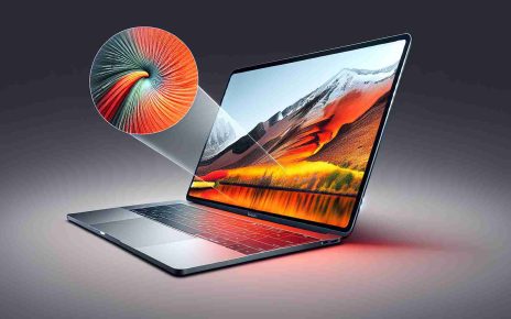 Create a detailed image of a cutting-edge, next generation laptop resembling a MacBook Pro. The laptop should be portrayed in a manner that emphasizes its advanced features, high resolution display, and significant performance improvements which make it revolutionary. The image needs to be in high definition to showcase the laptop's finesse and quality.