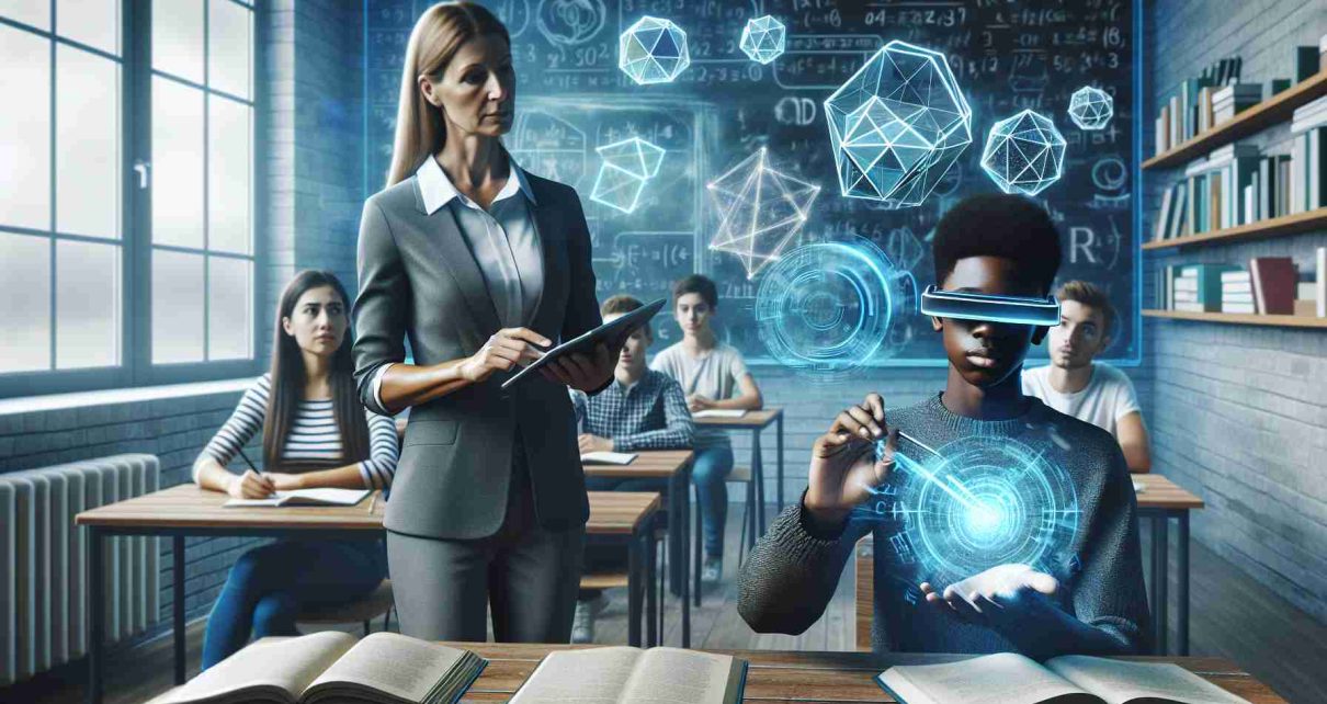 Generate a high-definition realistic image representing the utilization of Augmented Reality for educational purposes. Picture a classroom setting with diverse students: A Black male teenager using a futuristic holographic device, a Caucasian female professor guiding him, and a Middle-Eastern female student observing and taking notes. Also, include some 3D geometric holograms hovering over the device, symbolizing educational content in math and science.