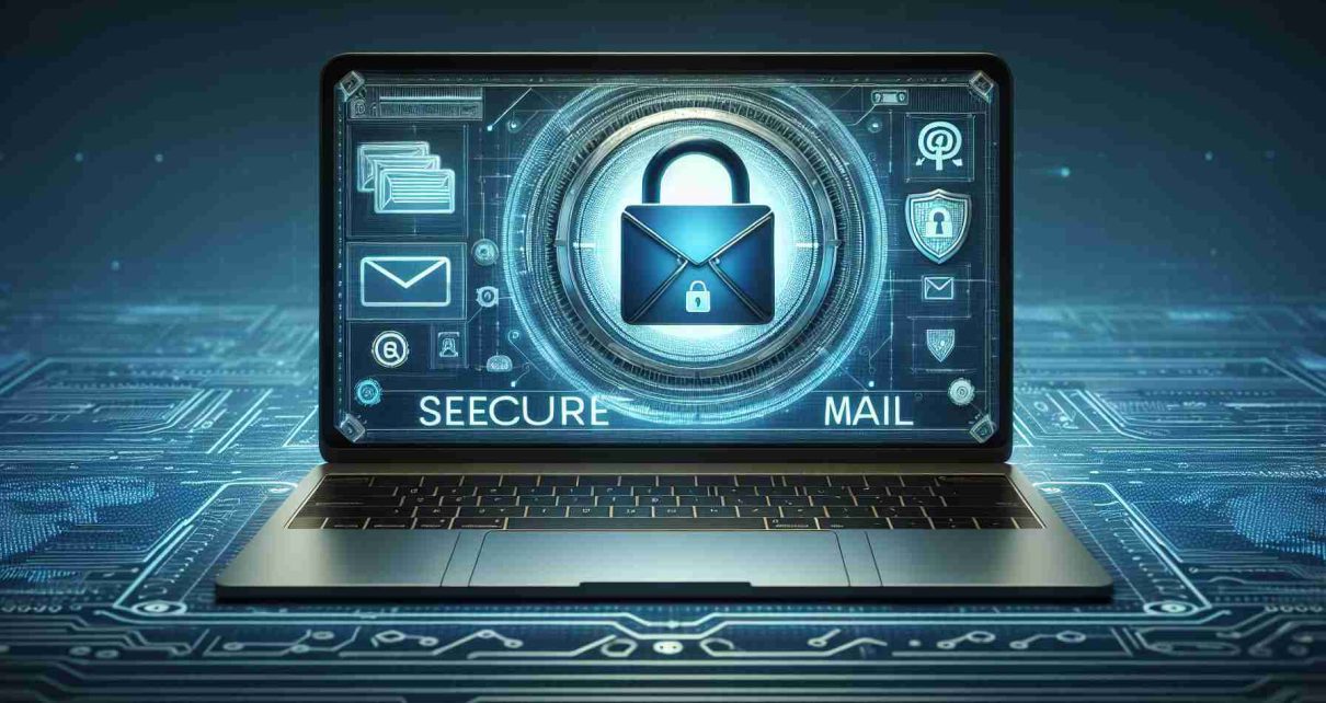 A highly detailed and realistic image featuring the concept of 'SecureMail', showcasing it as a revolutionary feature for email privacy. The image should portray an open laptop screen with an email interface where the icon or logo of 'SecureMail' is prominently displayed. Additionally, include visual symbols of security, such as a padlock or shield, in conjunction with typical email graphics. The overall design should evoke a sense of advanced technology and safety.