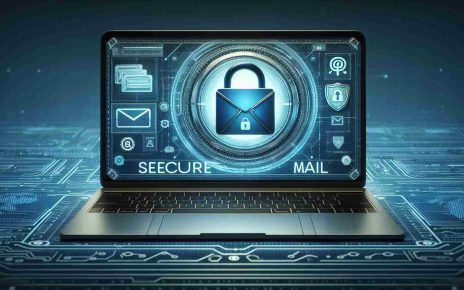 A highly detailed and realistic image featuring the concept of 'SecureMail', showcasing it as a revolutionary feature for email privacy. The image should portray an open laptop screen with an email interface where the icon or logo of 'SecureMail' is prominently displayed. Additionally, include visual symbols of security, such as a padlock or shield, in conjunction with typical email graphics. The overall design should evoke a sense of advanced technology and safety.